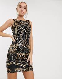 Goddiva Embellished Mini Dress In Black And Gold Asos Mini Dress Flapper Inspired Dress Gold Embellished Dress