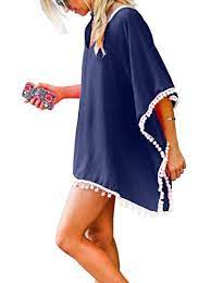 Women S Pom Pom Trim Kaftan Stylish Chiffon Swimsuit Beach Cover Up Free Size Navy Blue At Amaz Stylish Beachwear Stylish Swimsuits Beach Dresses Summer Casual