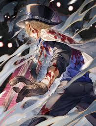 sqloveraven, im (one piece), sabo (one piece), one piece, highres, 5boys,  ascot, black gloves, black shirt, blonde hair, blood, blood on clothes,  blood on face, blue eyes, blue vest, blurry, blurry background,
