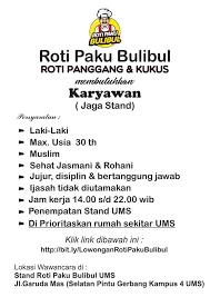 Universitas muhammadiyah surakarta (ums) adalah lembaga pendidikan tinggi di bawah persyarikatan muhammadiyah yang didirikan pada 24 oktober 1981 sebagai . Lowongan Kerja Jaga Stand Roti Paku Bulibul Cab Ums Loker Swasta