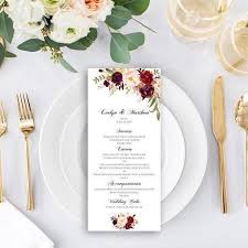 Burgundy Flowers Wedding Menu Template Wedding Menu Cards Printable Menu Cards Fully Editab Wedding Menu Cards Wedding Menu Template Wedding Menu