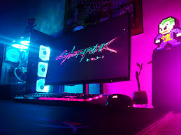 Pink Amp Cyan Cyberpunk 2077 Themed Battlestation Gaming Room Setup Video Game Room Design Battlestation