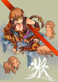 bonesfish, sun wukong, journey to the west, commentary request, highres,  translation request, 1girl, animal ears, anklet, armor, bandaged arm,  bandages, barefoot, breasts, claws, cleavage, crown, elbow on knee,  eyeliner, fingerless gloves, genderswap,
