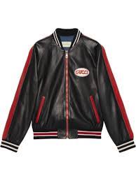Gucci Leather Bomber With Gucci Pool Patch Farfetch In 2021 Leather Outerwear Leather Bomber Leather Jacket Men