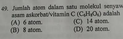 Jumlah Atom Dalam Satu Molekul Senyawa Asam Askorbat Vitamin C C658o6 Adalah Brainly Co Id