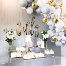 Simple And Beautiful Styling By Kerrweddingsandevents Grey White And Gold Birthday Decorations Birthday Parties Baby Shower Balloons