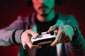 Gamer Playing Video Games With Headphones On Neon Light Background Lights Background Gamer Playing Video Games