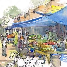 Buy the selected items together. India Sketch Farmer S Market Under The Blue Tarps Fresh Vegetables And Fruit Bazaar A Watercolor Travel Sketch 8x10 Print In 2021 Urban Sketchers Market Illustration Urban Sketching
