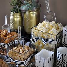 Use Glass Containers For Peanuts Pretzels And Popcorn At The Bar Add Scoops And Paper Containers For 50th Birthday Party 60th Birthday Party Dessert Table