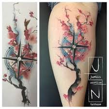 Justin Nordine Tattoos Simple Piece Today Cherry Blossom And Compass Friendship Tattoos Watercolor Compass Tattoo Drug Tattoos