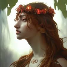 elf, copper skin, frekles, flower crown, long wavy...