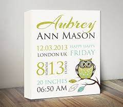 Amazon Com Owl Birth Announcement Canvas Art New Baby Gifts Baby Print Nursery Wall Art Personalized Birth Stats Baby Stats Baby Keepsake Birth Sign Nursery Wall Decor Owl Nursery Decor Canvas Print