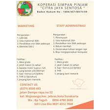 Temukan pekerjaan impianmu hanya di dapatkan informasi lowongan kerja terbaru dan terupdate yang ada dibawah ini yang sesuai dengan pendidikan, lokasi, dan keahlian kamu. Lowongan Kerja Koperasi Citra Jaya Sentosa Solo Info Loker Solo