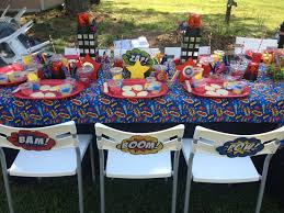 Superhero Table Set Up Pow Bam Kaboom Girl Superhero Party Dc Superhero Girls Party Table Set Up