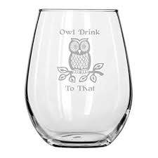 owl drink to that stemless wine glass