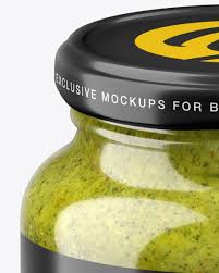 Glass Pesto Sauce Jar In Shrink Sleeve Mockup In Jar Mockups On Yellow Images Object Mockups