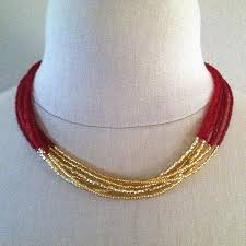 Red And Gold Bead Multistrand Necklace By Cerise Jewelry Etsy Black Beaded Jewelry Pearl Necklace Designs Multi Strand Necklace