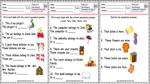 They cover reading, writing, phonics, and grammar. English Worksheets Possessive Pronoun Gr 1 2 The Teacher S Craft