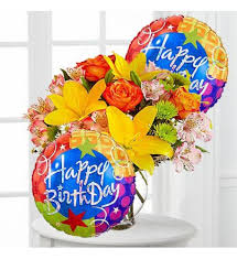 Happy Birthday Flowers And Balloons Different Color Flower Bouquet With Happy Birthday Balloons Birthday Balloon Delivery Happy Birthday Balloons Birthday Balloons