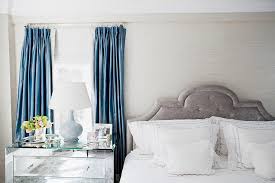 Printed linen textured blackout curtains. Platinum Gray Velvet Headboard Transitional Bedroom