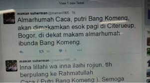 Iya benar (meninggal dunia), kata okky saat dihubungi awak media, selasa (5/1/2021). Putri Komeng Meninggal Dunia Diusia 10 Tahun Babatpost Com