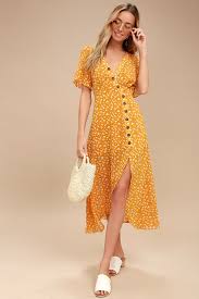 After Bloom Delight Golden Yellow Floral Print Midi Dress Floral Print Midi Dress Floral Dress Summer Casual Chiffon Dress