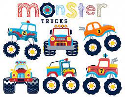 Seamless pattern monster trucks with animal driver, creative vector childish background for fabric, textile, nursery wallpaper, card, poster and other decoration. Vector Set Of Monster Truck Cartoon In 2020 Monster Trucks Cute Monsters Cartoon