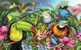 Colourful Birds And Butterflies Wallpaper Tropical Colorful Birds Papagal Ara Toucan Bird With A Beak Butterflies Reddish Red And Blue Flowers Art Wallpape Blue Flower Art Tropical Birds Bird Wallpaper