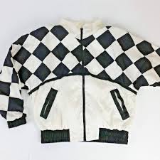 Black And White Checkered Jacket Womens Vtg 80s Womens Racing Jacket Colorblock Black White Checkered Flag Windbreaker S Resport Casual Women Clothes For Women Windbreaker