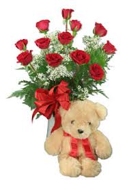 30% greenery and flowers from the main composition are added to the bouquet; Dozen Roses With Teddy Bear By Jk Flowers Gift Baskets