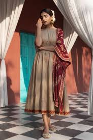 Beige Gold Printed Kalidaar Dress With Maroon Dupatta Shopperboard