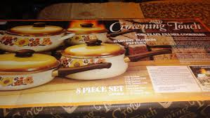 Retro 8 Pc Crowning Touch Harvest Blossom Porcelain Enamel Etsy Cookware Set Enamel Cookware Harvest