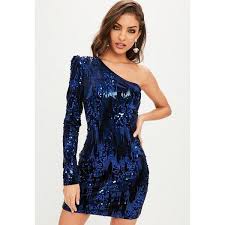 Missguided One Shoulder Sequin Bodycon Mini Dress 40 Liked On Polyvore Featuring Dresses Blue Pleated Mini Dress Sequin Dress Short Short Bodycon Dress