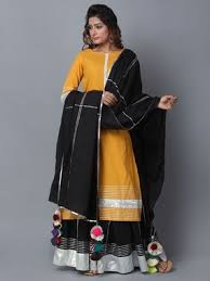 Black And Yellow Suits For Ladies Yellow Black Cotton Sharara Suit Set Of 3 Yellow Suit Fab Clothing Indian Designer Suits