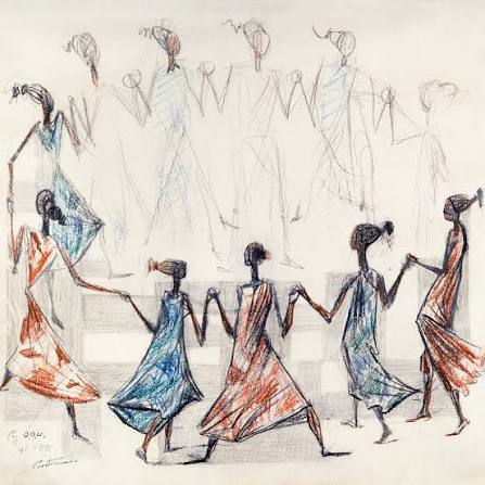 Desenho em tons de azul, marrom e cinza representando figuras humanas estilizadas de mãos dadas, formando uma roda de dança. Em primeiro plano, cinco pessoas aparecem em destaque com vestidos coloridos; ao fundo, outras figuras esboçadas em traços leves completam a composição.