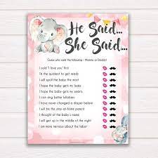 Editable He Said She Said Baby Shower Games Printable Baby Shower Games Pink Elephant Baby Shower Games He Said She Said Baby Games Pe1 Pink Elephants Baby Shower Baby Girl Shower