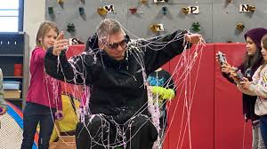 Sra. Lopez's second-graders got to silly string Principal Woller because  they raised the most as a class for the Jefferson Elementary Fitness  Challenge. #WinhawkProud #WhyWAPS