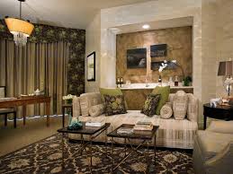 Beige upholstered sofa with a white paper fan pattern dimensions: Beige Patterned Sofa In Neutral Living Room Hgtv