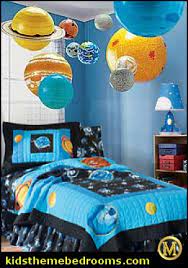 Choosing a headboard with storage allows children to display some of their favorite items and keep trinkets and other items off the floor. Decorating Theme Bedrooms Maries Manor Outer Space Decor Space Themed Kids Rooms Planets Decor Astronaut Wall Murals Outer Space Bedding Galaxy Themed Room Decor Space