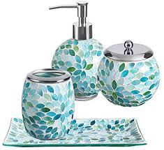 Collection by bathroom refurbish with style. Amazon Com Kmwares Mosaic Glass Decorative Bathroom Accessories Set 4pcs Includes Hand Soap Dispenser Cotton Jar Toothbrush Holder Vanity Tray Mixed Color With Blue Green White Home