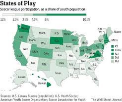 A Map That Shows The Percent Of Kids Who Play Soccer In Each State Youth Soccer Play Soccer Participation