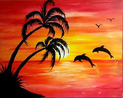 This is a very easy acrylic painting for an absolute beginner. Yvette Andino Art Original Beach Sunset And Dolphins 20x16 Abstract Unframed Beach Sunset Painting Sunset Art Sunset Painting