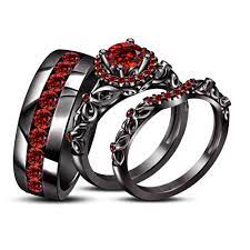 925 Silver Black Gold Finish His Her Engagement Trio Ring Set Round Red Garnet Black Gold Jewelry Black Gold Ring Black Rings