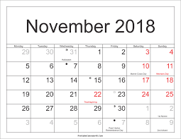 November 2018 Calendar Holidays Image November Calendar Calendar Printables Calendar Word