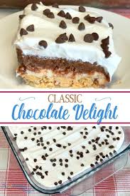 Chocolate Delight Is Made With Layers Of Chocolate And Vanilla Pudding Cream Chees Graham Cracker Dessert Chocolate Pudding Desserts Chocolate Pudding Recipes