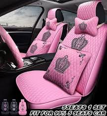 Luxury Cute Pink Crown Leather Car Seat Cover Full Set Universal Fit For Bmw Hyundai Toyota Honda Nissan Leather Car Seat Covers Leather Car Seats Car Seats