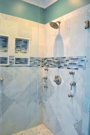 Beautiful Walk In Shower With Gray Ceramic Tile With Aqua And Turquoise Blue Accent Tile Gray Bath Accent Tile Bathroom Shower Accent Tile Turquoise Bathroom