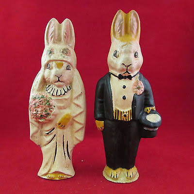 Bunny Bride and Groom Chalkware Folk Art Figurine from Antique Chocolate Mold | #508609635