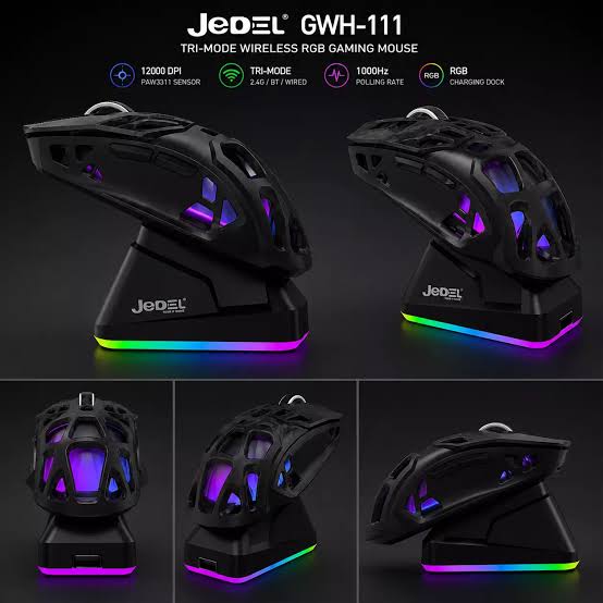 JEDEL GWH-111 Tri-Mode Wireless RGB Gaming Mouse – 12000 DPI, PAW3311  Sensor, 1000Hz Polling Rate, RGB Charging Dock | HardwareMarket
