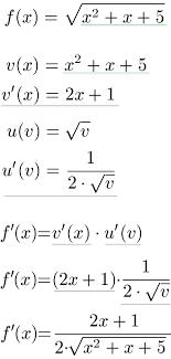 Äußere und innere funktion der verketteten funktion einzeln ableiten die ableitung der äußeren/inneren funktion der verketteten funktion $f(x) = \left(x^4+5\right)^2$ ist funktion Kettenregel Ableitung